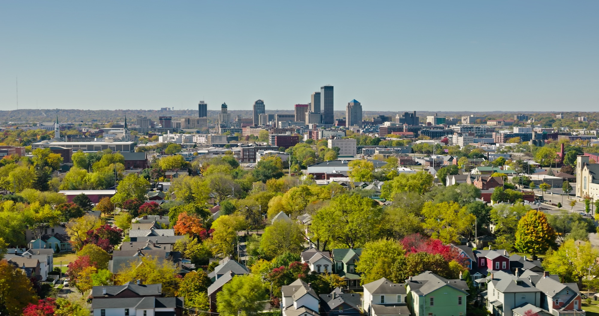 View of Dayton, Ohio skyline and houses.