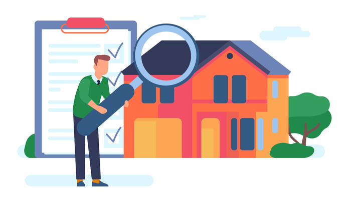 Illustration of a VA appraiser inspecting a home with a large magnifying glass, checking off boxes on a huge clipboard.