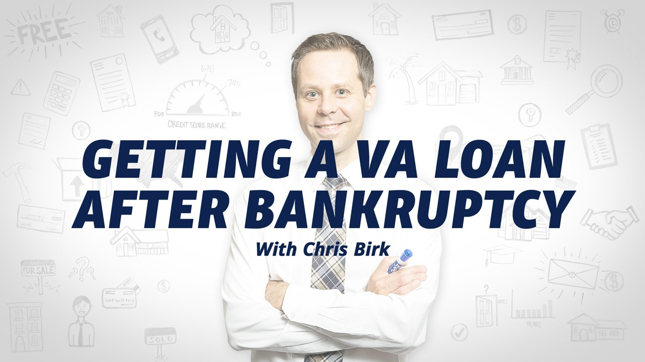 Smiling man in a white shirt and tie with text 'Getting a VA Loan After Bankruptcy with Chris Birk' over a white background with financial icons.